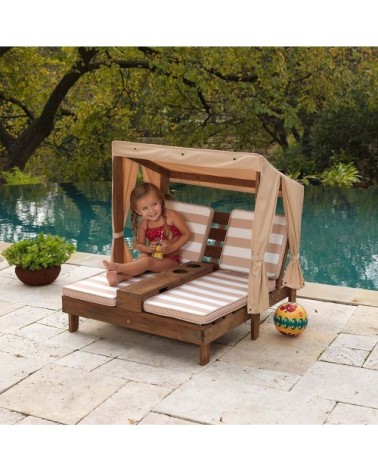 Double chaise longue enfant avec porte-gobelets blanc et beige