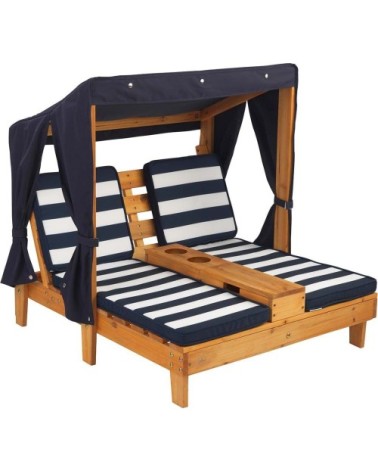 Double chaise longue enfant avec porte-gobelets blanc et bleu