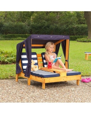 Double chaise longue enfant avec porte-gobelets blanc et bleu