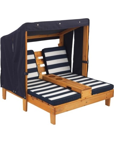 Double chaise longue enfant avec porte-gobelets blanc et bleu