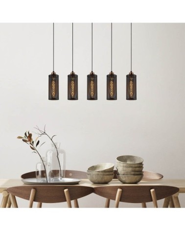 Suspension noire 5 lumières avec abat-jour cylindrique