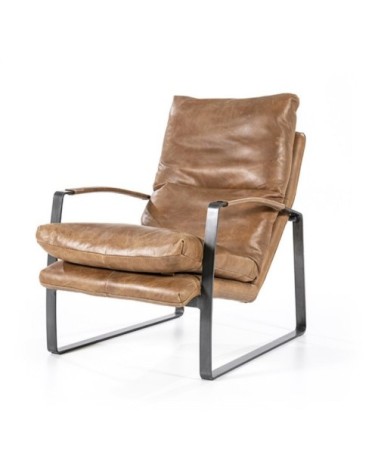 Fauteuil cuir vintage accoudoirs métal noir taupe