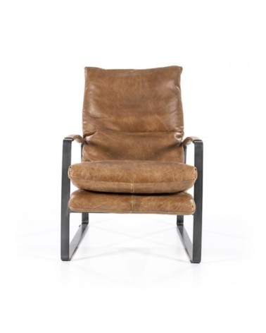 Fauteuil cuir vintage accoudoirs métal noir taupe