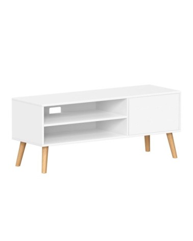Meuble TV 120 cm avec placard et 2 étagères effet bois blanc