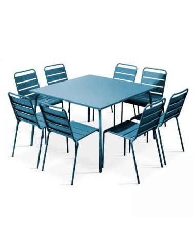 Ensemble table de jardin et 8 chaises en métal bleu pacific