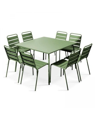 Ensemble table de jardin et 8 chaises en métal vert cactus