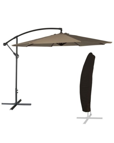Parasol déporté rond 3m en acier et toile taupe avec housse