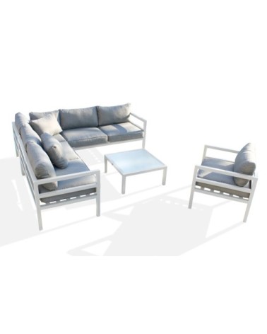 Salon de jardin d'angle 6 places en aluminium blanc