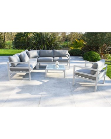 Salon de jardin d'angle 6 places en aluminium blanc