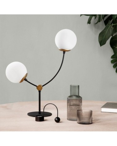 Lampe de table nordique 2 lumières noir et or avec sphères en verre