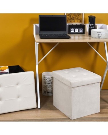 Pouf coffre pliable en suédine assise capitonnée beige