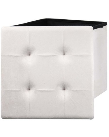 Pouf coffre pliable en suédine assise capitonnée beige