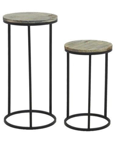 Sellettes en métal noir et pin (lot de 2)