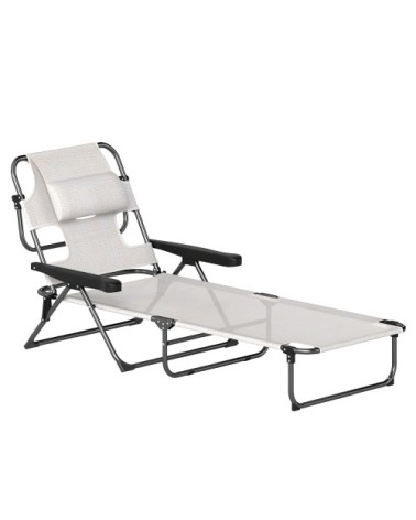 Chaise longue pliante dossier inclinable textilène crème