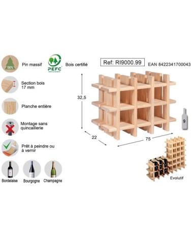 Casier à bouteilles en pin massif brut 9 bouteilles