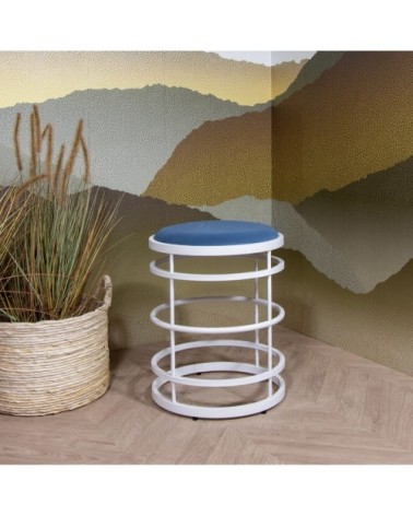 Tabouret en métal blanc et velours bleu h50cm