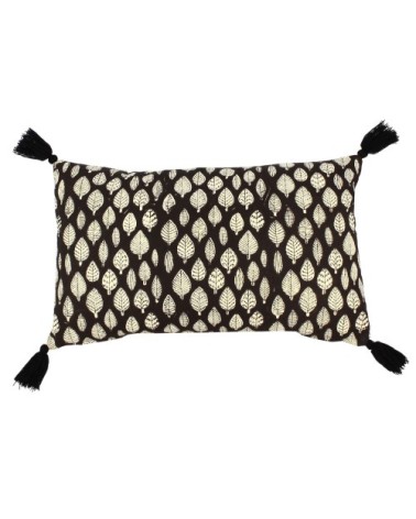 Coussin en coton noir avec pompons noirs 30x50