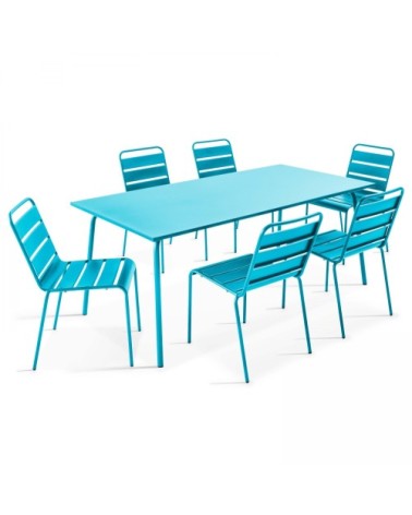 Table de jardin et 6 chaises en métal turquoise