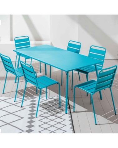 Table de jardin et 6 chaises en métal turquoise