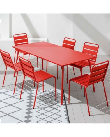 Table de jardin et 6 chaises en métal rouge