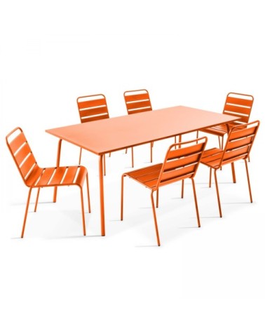 Table de jardin et 6 chaises en métal orange