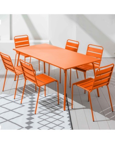 Table de jardin et 6 chaises en métal orange