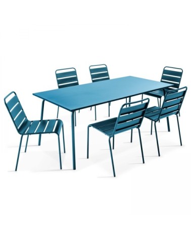 Table de jardin et 6 chaises en métal bleu