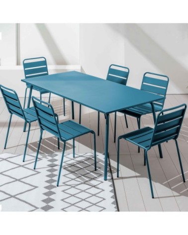 Table de jardin et 6 chaises en métal bleu