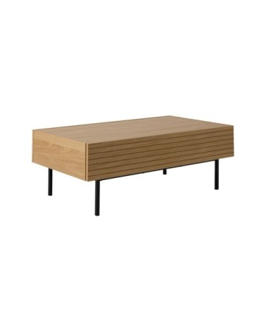 Table basse 1 tiroir effet bois clair et pieds en métal noir