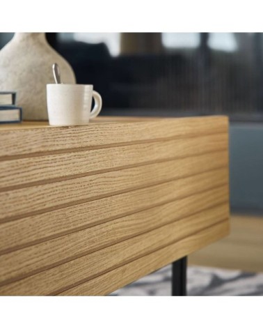 Table basse 1 tiroir effet bois clair et pieds en métal noir