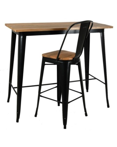 Table haute en métal laqué et bois d'orme huilé noir