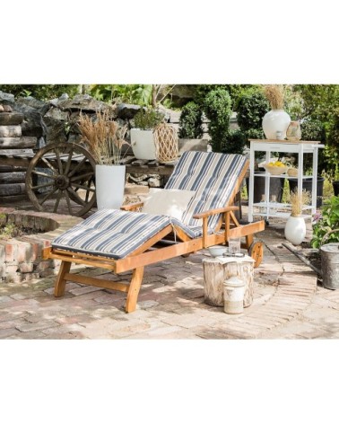 Chaise longue en bois naturel et coussin rayé bleu beige