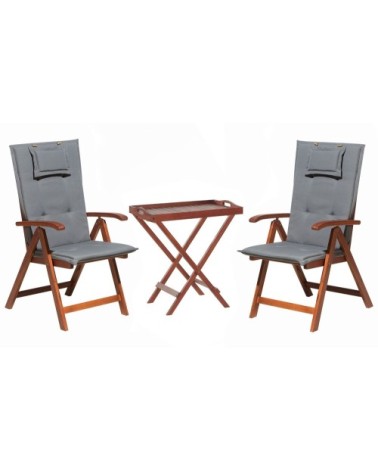 Ensemble de jardin table et 2 chaises pliantes en bois coussins gris