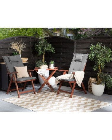 Ensemble de jardin table et 2 chaises pliantes en bois coussins gris