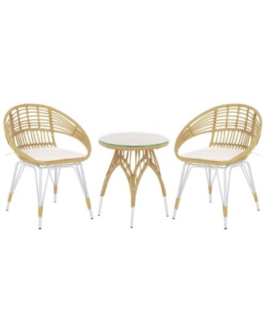 Salon de jardin bistrot en rotin clair pieds blancs