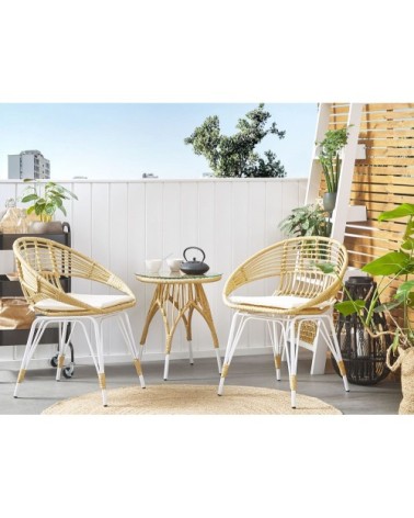 Salon de jardin bistrot en rotin clair pieds blancs