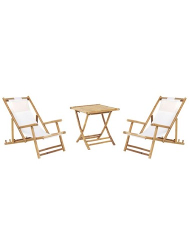 Salon de jardin en bambou et tissu blanc cassé