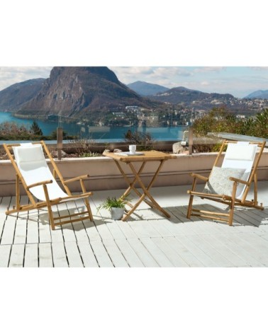 Salon de jardin en bambou et tissu blanc cassé