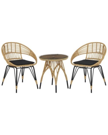 Salon de jardin bistrot effet rotin clair / pieds noirs