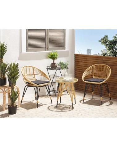 Salon de jardin bistrot effet rotin clair / pieds noirs