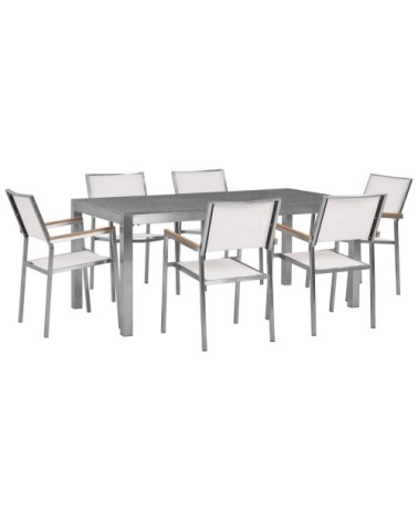 Table de jardin en acier inox et 6 chaises en textile