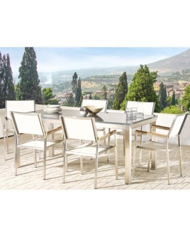 Table de jardin en acier inox et 6 chaises en textile