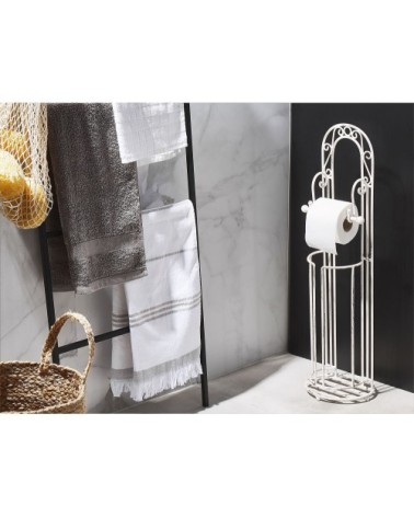 Porte papier-toilette sur pied en métal blanc vielli