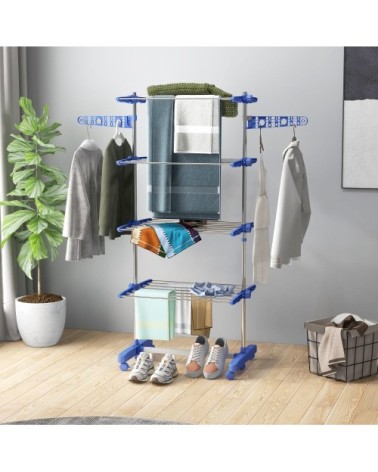 Étendoir pliable ailes latérales 6 roulettes acier bleu