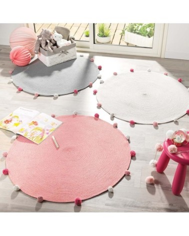 Tapis rond pompons rose dragée D90cm
