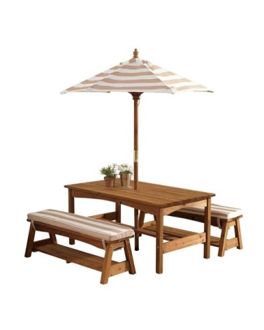 Ensemble table et bancs d'extérieur avec parasol enfant écru