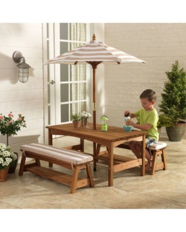Ensemble table et bancs d'extérieur avec parasol enfant écru
