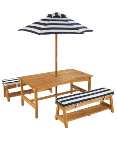 Ensemble table et bancs d'extérieur avec parasol enfant bleu
