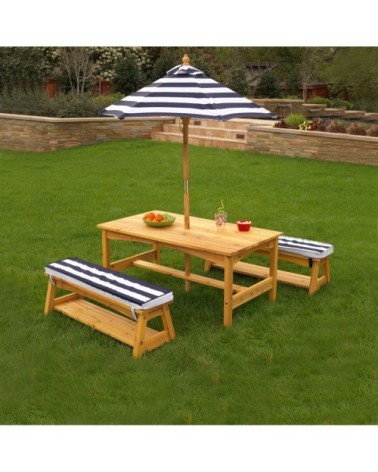 Ensemble table et bancs d'extérieur avec parasol enfant bleu