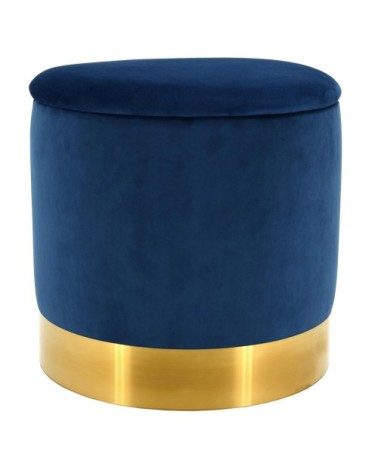 Pouf coffre en velours et métal bleu/or